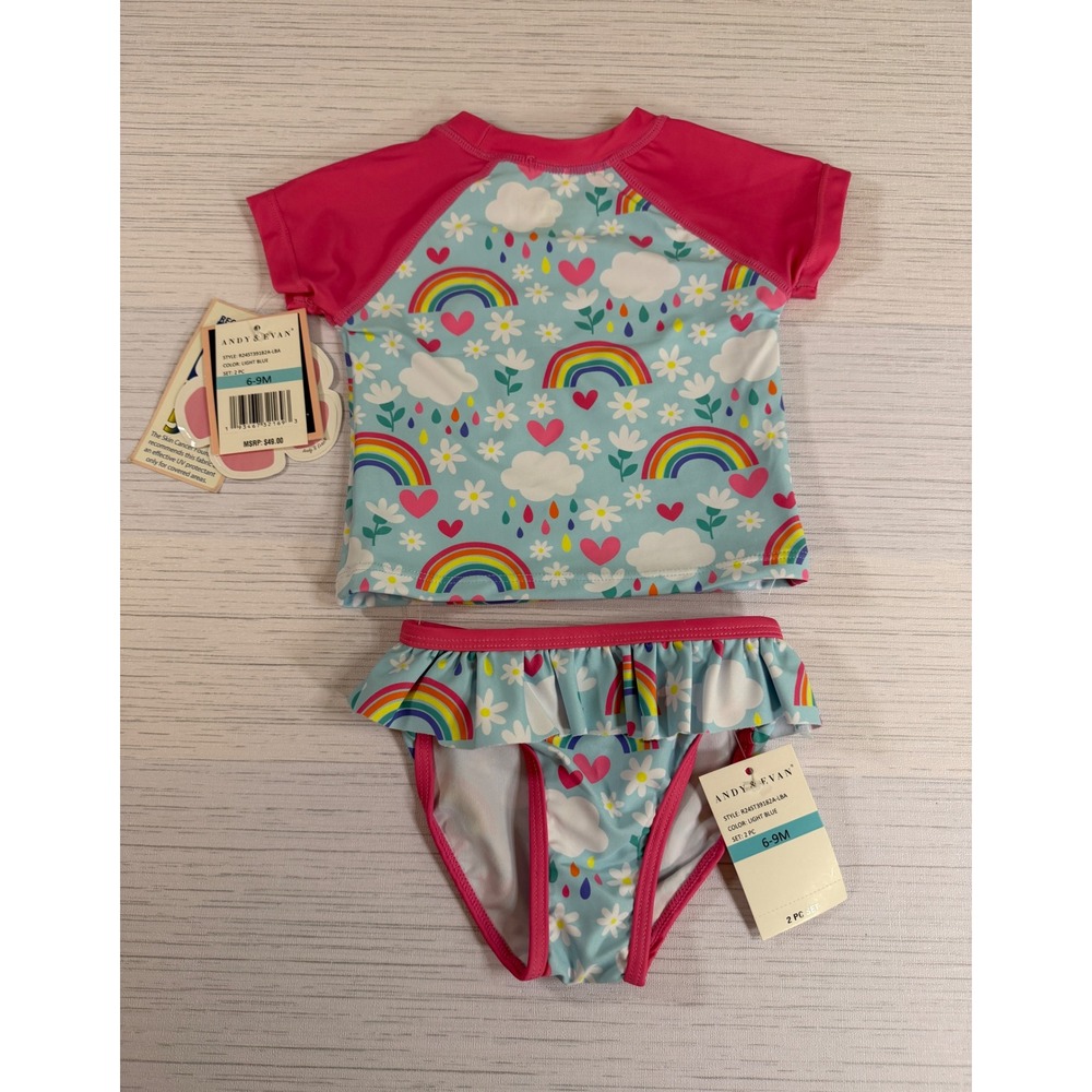 Andy & Evan Baby Girls Rainbow Rash Guard Swimsuit Set UPF 50+ Light Blue 6-9M